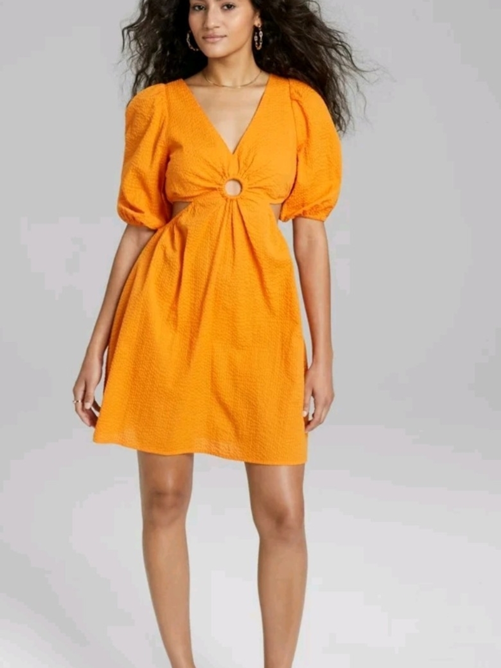 And Now This-Textured Orange Puff-Sleeve Mini Dress with Cut Out Size 2X